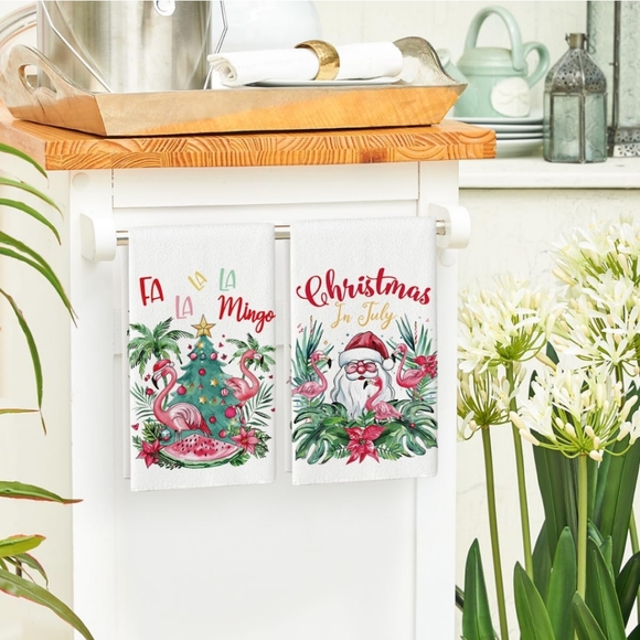 Christmas In July Santa Flamingo Tropical Dish Towel Set - Picture 4 of 5